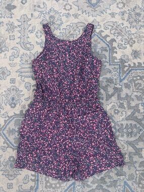 Athleta Girl Navy Romper with Pink and Coral Spot Print